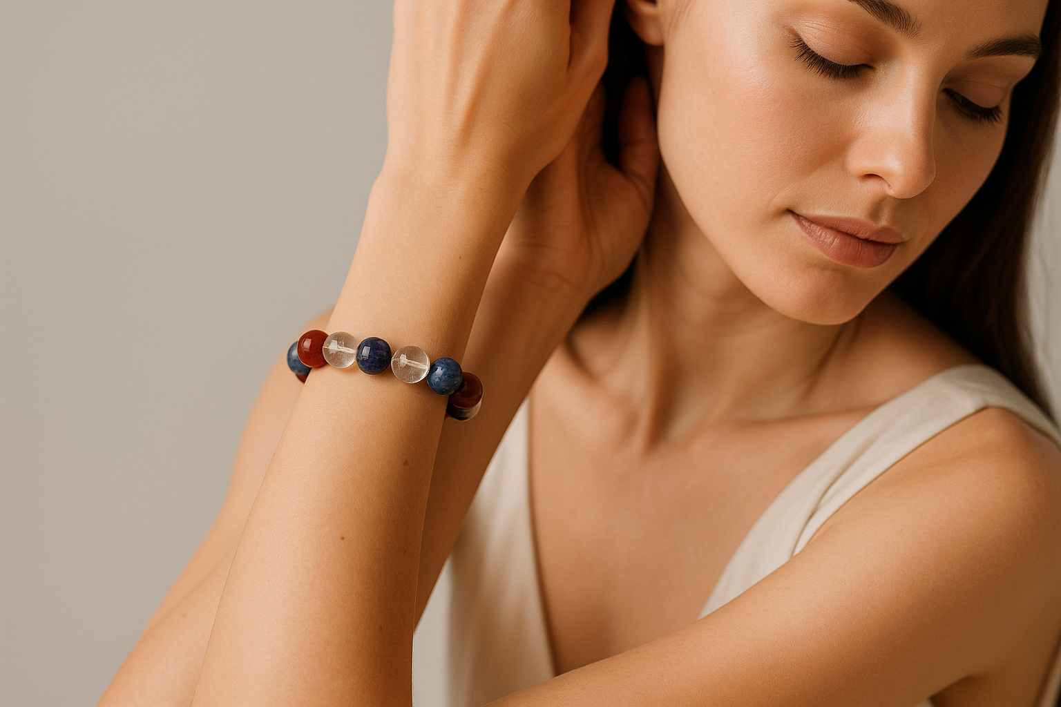 aesthetic image of women wearing crystal bracelet  combination of Red Jasper, Sodalite and Clear Quartz 