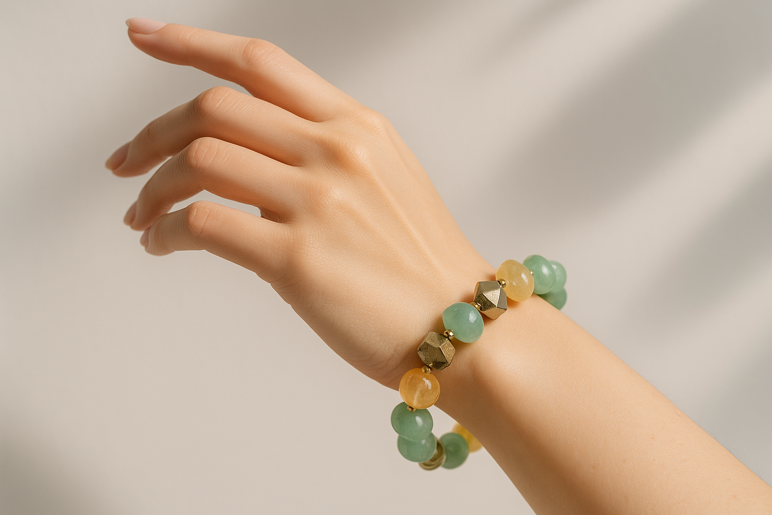 aesthetic women hand wearing Crystal bracelet combination of Citrine, Pyrite and Green aventurine