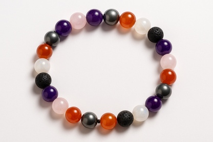 amethyst-rose quartz-hemetite-carnelian-moonstone-black lava beads create a bracelet like this pattern and all 8 mm and no same crystals together distribute altogether equally