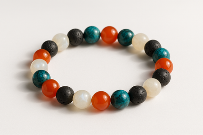 Moonstone, Chrysocolla, Carnelian & Black Lava beads, 8mm size bracelet no same crystal together and distribute all the beads equally
